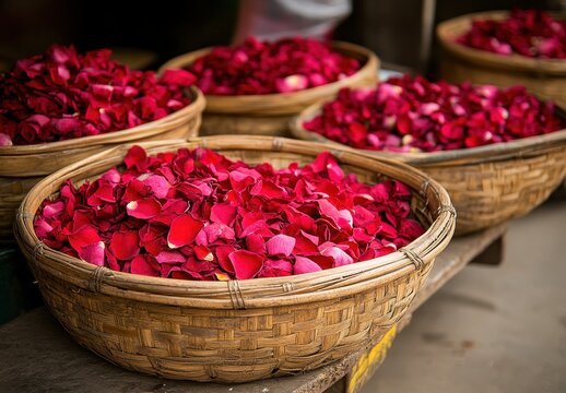 Vibrant Red Rose Petals in Woven Baskets at a Market, Perfect for Floral Arrangements and Creative Projects in Nature Settings
