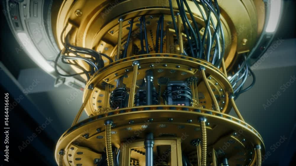 Poster quantum computing hardware is standing in a research center. close up on intricate gold wiring, cool