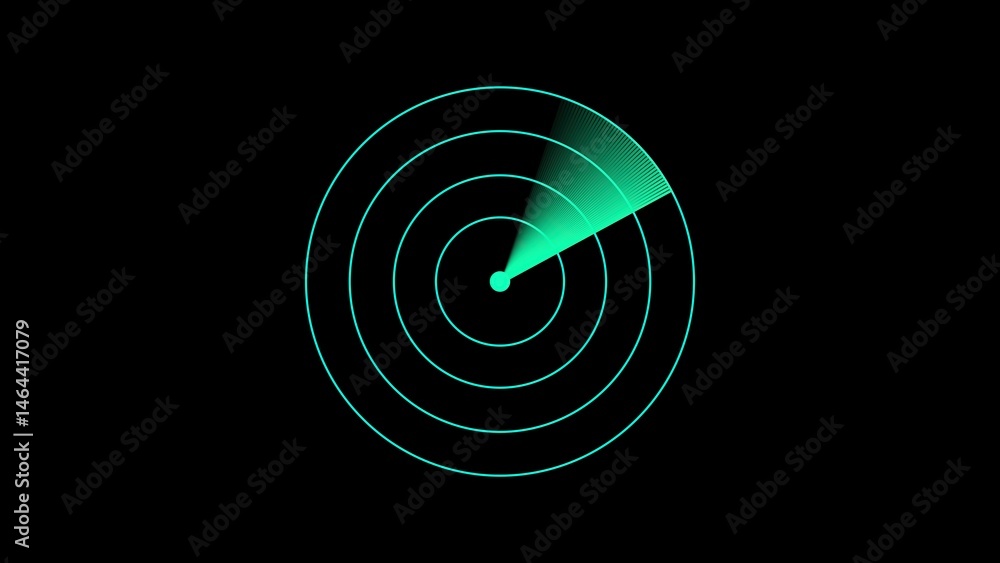 Poster animated radar screen in teal circular motion with signal detection visual on a black background dep