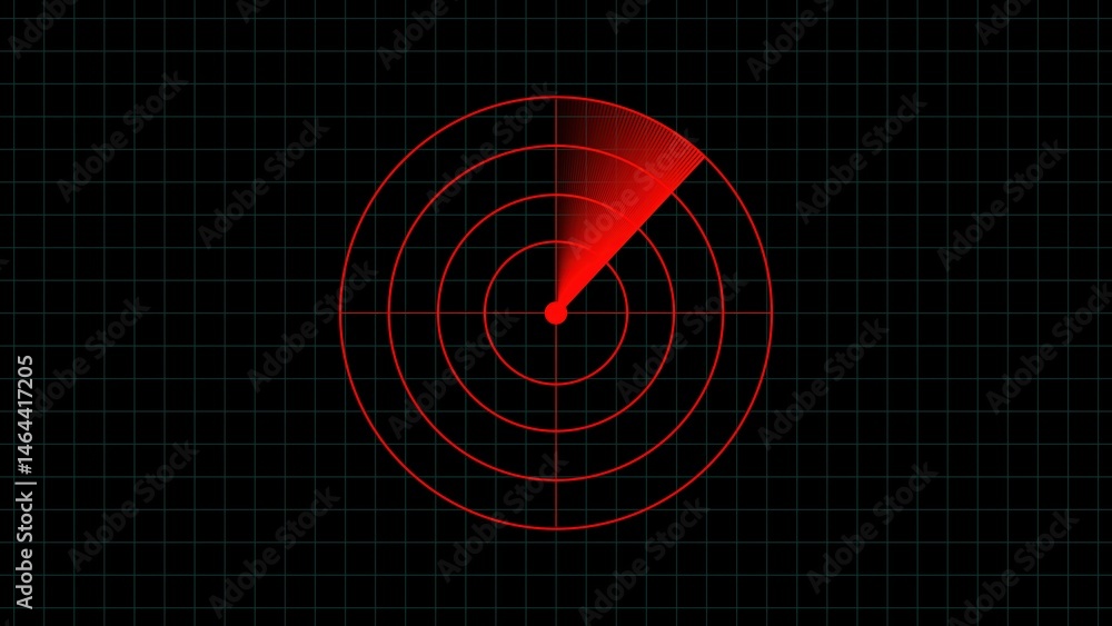 Poster red radar screen displaying scanning signals against a black grid background representing monitoring