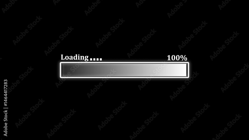 Poster digital loading animation depicting a progress bar completing and indicating 100 percent completion 
