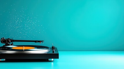 A sleek record player spins an eye-catching orange disc, symbolizing the timeless joy of music, creativity, and rhythm in a contemporary and stylish setting with a vivid backdrop.