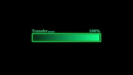 Digital transfer process complete with glowing green progress bar illustrating the successful completion of a data upload or download and showing 100 percent