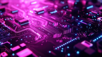 Obraz premium A vibrant. futuristic digital circuit board with a glowing pink processor at the center. surrounded by intricate electronic components. representing advanced technology and innovation