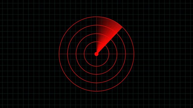 Red radar screen displaying scanning signals against a black grid background representing monitoring detection and data tracking imagery
