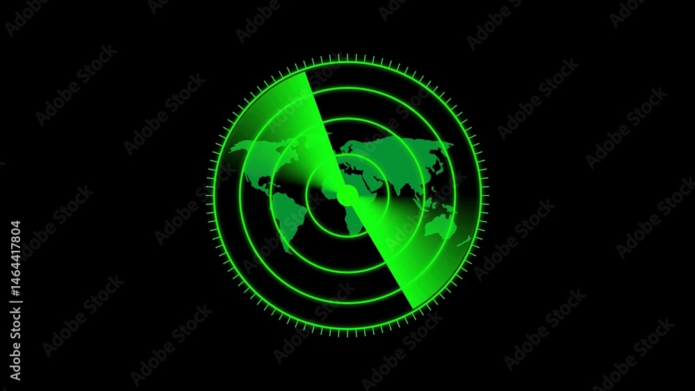 Poster futuristic green radar screen displaying world map with circular concentric rings and a scanning sec