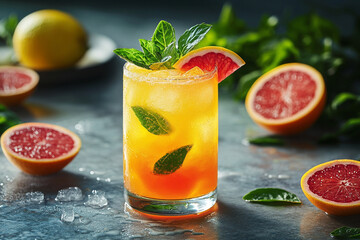 Fototapeta premium **Full View Of Tropical Drink, Garnished With Fresh Fruit, Vibrant Yellow, Orange, And Green Tones, Set On A Pure White Surface With Ample Space For Branding Or Text --Ar 3:2 --S 660 --V 6.1 --Raw** -