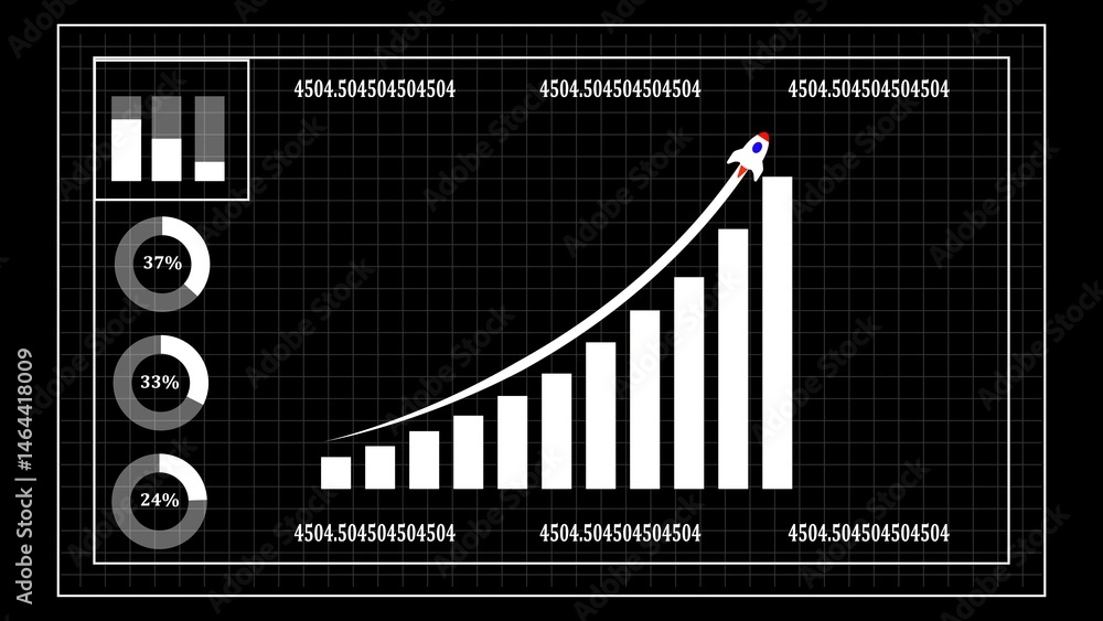 Poster data driven business growth represented with rising bar graphs pie charts and a rocket ship showcasi