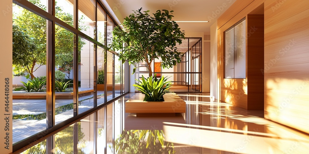 Fototapete Bright and Spacious Minimalist Interior Design with Large Windows and Reflective Floor in Modern Architecture Setting