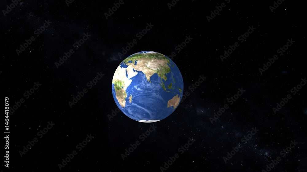 Poster a realistic detailed view of planet earth floating in the vast dark space surrounded by thousands of