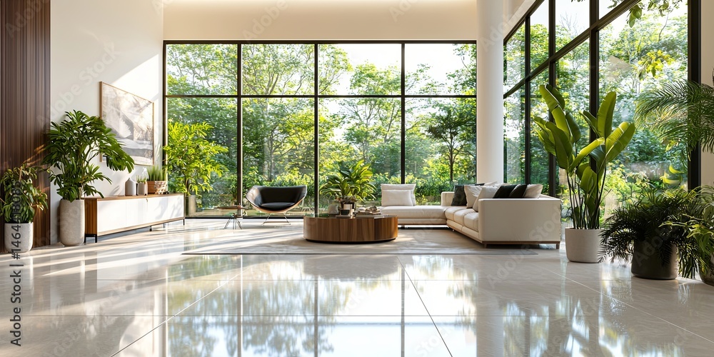 Poster Bright and Spacious Minimalist Interior Design with Large Windows and Reflective Floor in Modern Architecture Setting