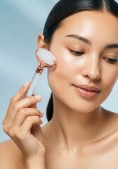Fototapeta premium Woman using jade roller on smooth skin for facial massage and skincare