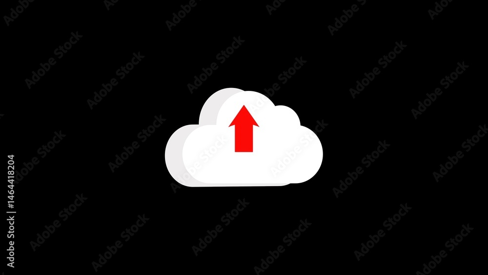 Poster cloud computing symbol with red upload arrow illustration on black background representing data tran