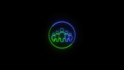 Glowing neon team icon depicting a group of people inside a circle on a black background representing community unity and collaboration