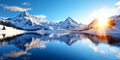 Fototapeta premium Vast Winter Landscape with Snow-Capped Mountains, Glimmering Lake, and Clear Blue Sky Reflecting Soft Sunlight in a Tranquil Nature Scene