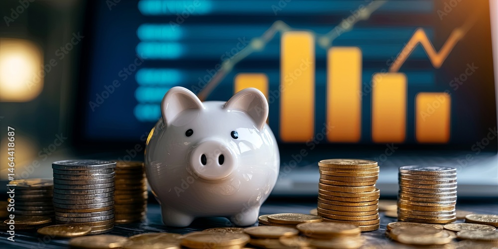 Poster piggy bank surrounded by stacks of coins with a rising graph in the background representing financia