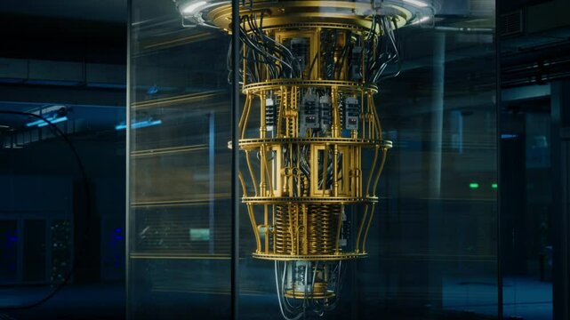 Quantum Computing Hardware is Standing in a Secure Glass Chamber. Close Up on Intricate Gold Wiring, Cooling System, Quantum Chips and Optical Communication Fibers. AI Computation and Science Concept