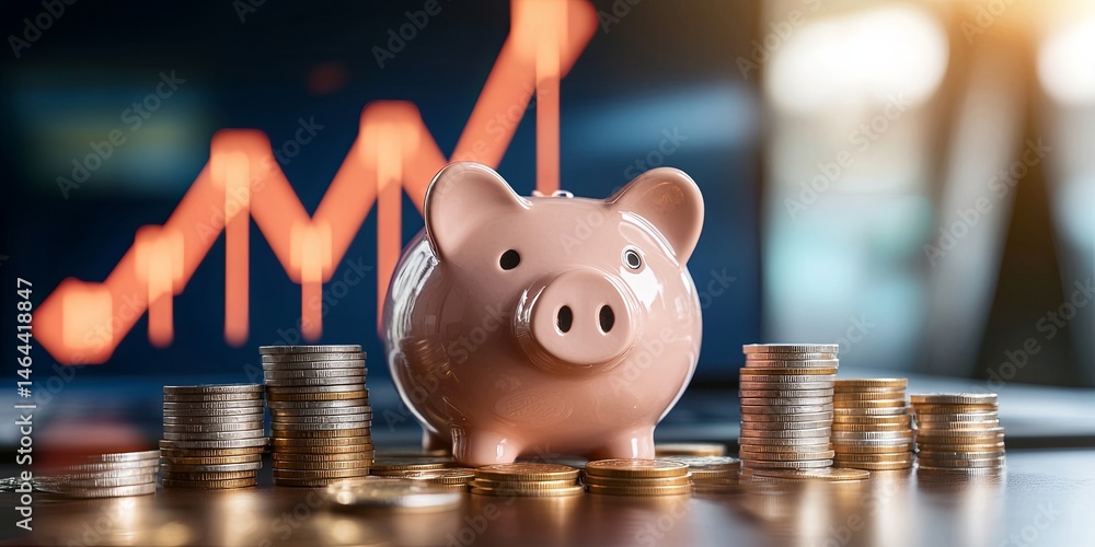 Poster piggy bank surrounded by stacks of coins with a rising graph in the background representing financia
