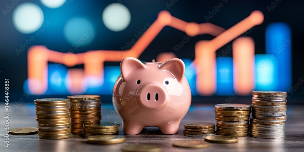 Poster piggy bank surrounded by stacks of coins with a rising graph in the background representing financia