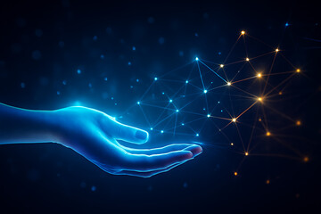 Futuristic Hand Releasing a Network of Glowing Nodes, Digital Illustration of Data Flow and Connectivity

