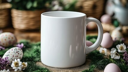 Blank white mug surrounded by Easter decorations