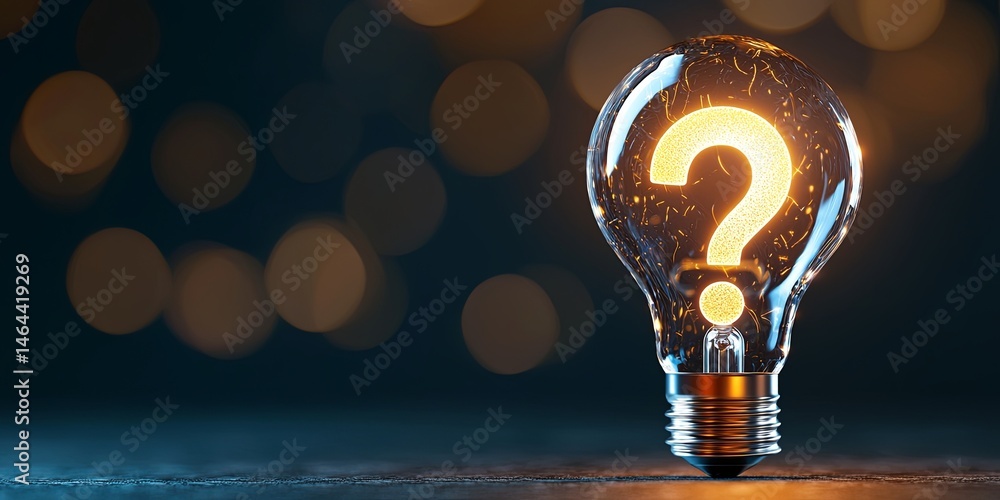 Poster illuminated light bulb with a glowing question mark symbolizing curiosity, inquiry, and bright ideas