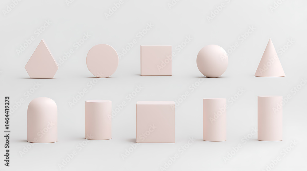 Poster geometric forms: a minimalist arrangement of 3d shapes creates a sense of calm with its pastel color