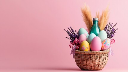 Easter basket with eggs, bottle, flowers, pampas grass, & ribbons. Pink background