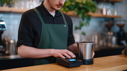 Fototapeta premium Barista taking payment at a coffee shop