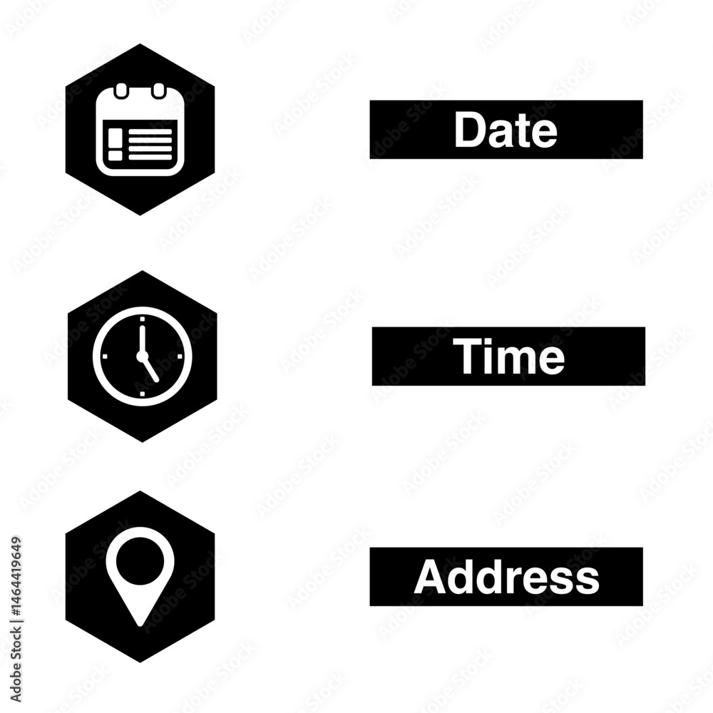 Poster time, date and address icons set isolated on transparent background