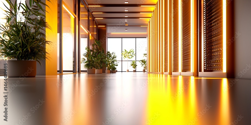 Leinwandbilder Expansive View of a Modern Data Center with Illuminated Server Racks and a Bright Light at the End of the Corridor