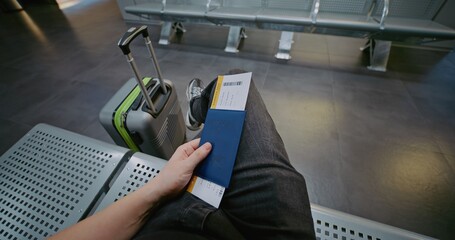 Crowded International Airport Terminal: POV First-Person View of Traveler with Suitcase, Passport...