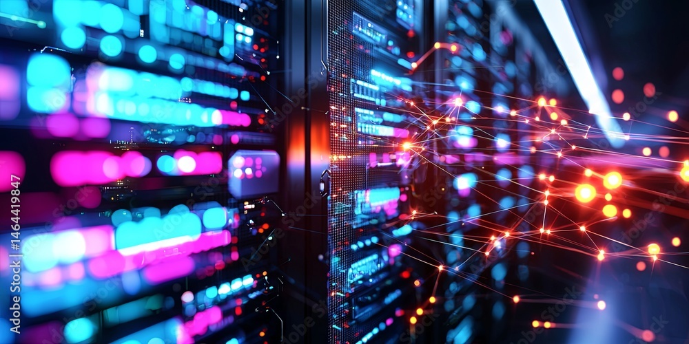 Aufkleber Futuristic Data Center with Bright Lights and Digital Connections Showcasing Advanced Technology and Network Infrastructure in an High-Tech Environment