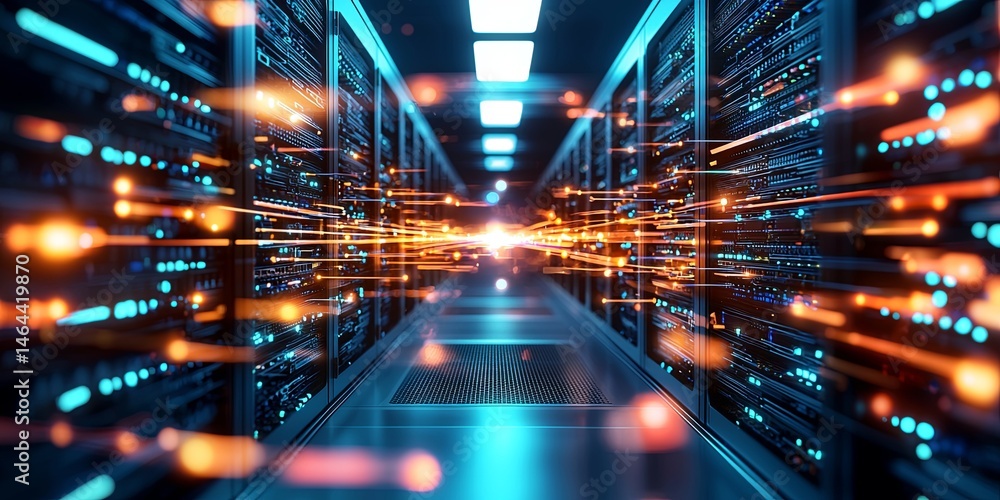 Leinwandbilder Futuristic Data Center with Bright Lights and Digital Connections Showcasing Advanced Technology and Network Infrastructure in an High-Tech Environment