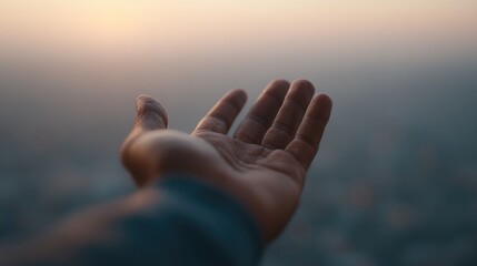 lone hand reaching out with hope against soft-focus cityscape suggests silent struggles against poverty