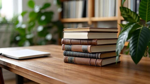 A stack of antique books rests on a wooden desk alongside a laptop and house plants, creating a studious and calm atmosphere