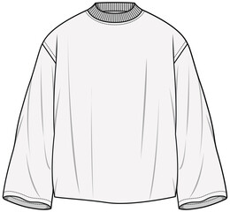 Rib Crew Neck Loose Fit Long Sleeve Oversize Baggy T-Shirt Fashion Flat Sketch Vector Illustration, CAD, Technical Drawing, Flat Drawing, Template, Mockup.