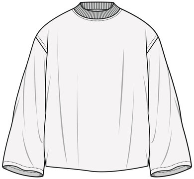 Rib Crew Neck Loose Fit Long Sleeve Oversize Baggy T-Shirt Fashion Flat Sketch Vector Illustration, CAD, Technical Drawing, Flat Drawing, Template, Mockup.