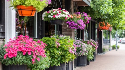 Obraz premium Colorful flower displays adorn a charming storefront.