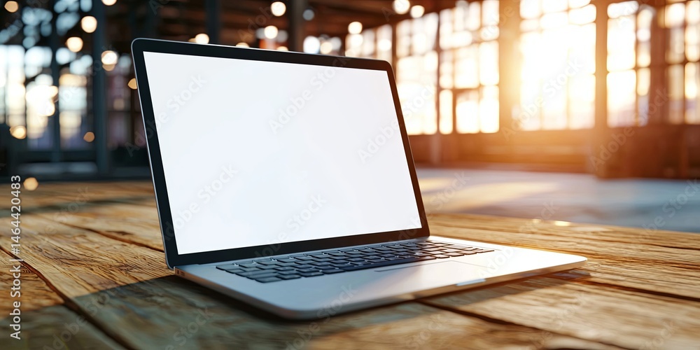 Poster blank laptop screen on rustic wooden table in abandoned industrial space with large windows and dram