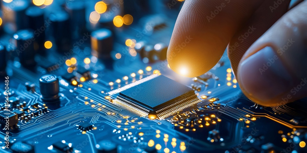 Leinwandbilder a person s hand holding a computer microchip over a circuit board, highlighting intricate electronic components and technology details