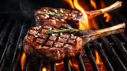 Two tomahawk steaks grilling over an open flame with rosemary and salt on a black metal grill