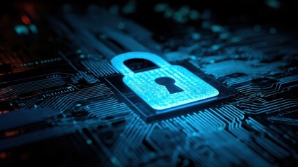 Digital lock graphic over circuit board.