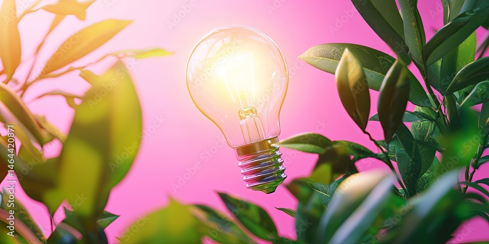 Poster illuminated light bulb surrounded by green leaves on a vibrant pink background representing creativi