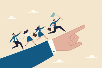 Leadership to lead team members, business direction to achieve goal or target, teamwork to success in work, businessman leader holding winner flag running lead business people on pointing finger.