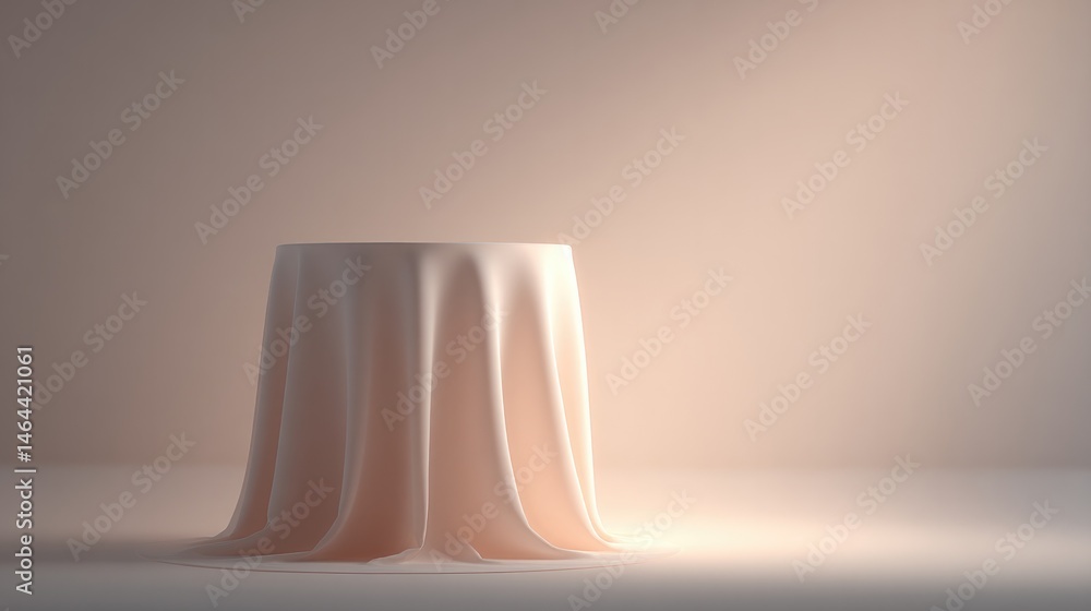 Poster minimalistic empty podium draped with soft flowing fabric stands elegantly under soft lighting