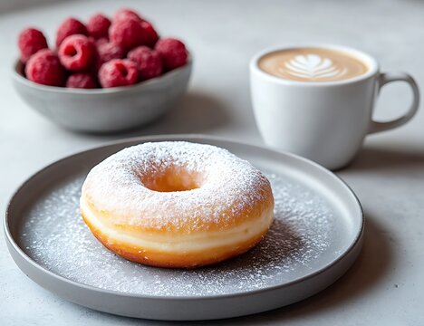 Food photo of donuts on a gray plate, white cup of cappuccino. - Powered by Adobe