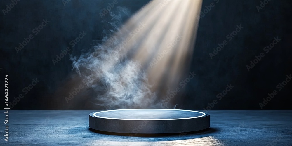 Aufkleber radiant spotlight illuminating empty round stage with smoke effects in darkened environment for perf