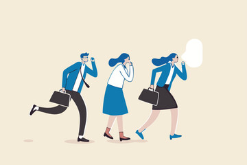 Business secret, corporate communication or viral advertising, rumor spread or colleague gossip confidential information concept, business people coworkers whispering gossip secret to team members.