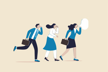 Business secret, corporate communication or viral advertising, rumor spread or colleague gossip confidential information concept, business people coworkers whispering gossip secret to team members.